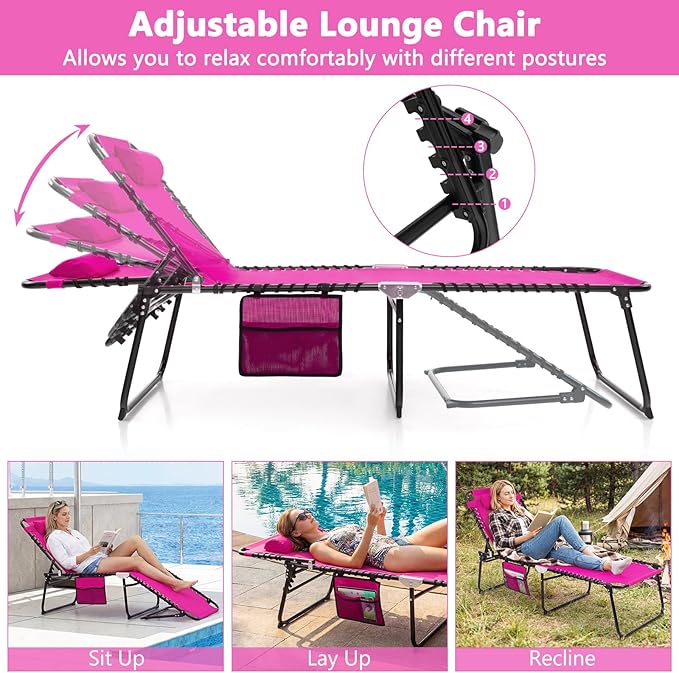 Giantex Patio Lounge Chairs for Outside - Folding Tanning Chair w/Headrest, 4 Adjustable Positions, Side Pocket, Outdoor Chaise Lounge for Camping, Pool, Sunbathing Beach Chair, Pink