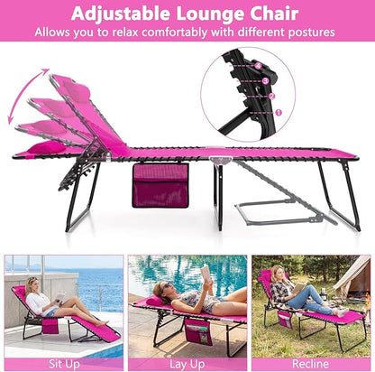Giantex Patio Lounge Chairs for Outside - Folding Tanning Chair w/Headrest, 4 Adjustable Positions, Side Pocket, Outdoor Chaise Lounge for Camping, Pool, Sunbathing Beach Chair, Pink