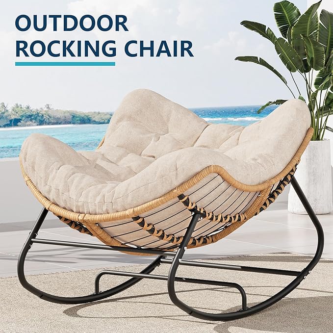 Outdoor Rocking Chair, Oversized Papasan Chair, Indoor Comfy Lounge Rocker with Cushion for Patio, Living Room, Porch, Balcony-Cream