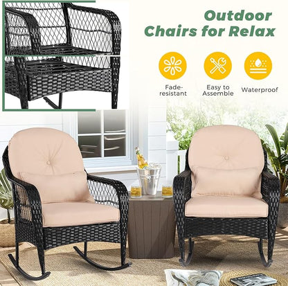 LVUYOYO Outdoor Wicker Rocking Chair of 2, Patio Rattan Rocker Chair with Cushions, Rocking Wicker Furniture Set for Deck, Porch, Garden, Backyard (Khaki)