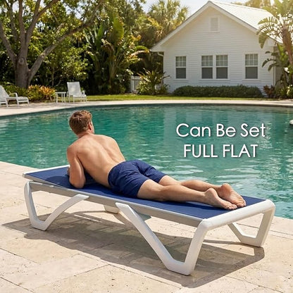 Kozyard Outdoor Chaise Lounge Chair, Full Flat Adjustable Patio Lounger with Aluminum Frame & Resin Legs, Textilene Fabric for Poolside, Backyard & Beach (NavyBlue, 2Chairs with Table)