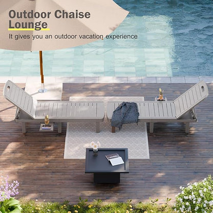 CDCASA Outdoor Chaise Lounge Set of 2, Pool Lounge Chairs w/5 Adjustable Positions & Side Tray, Waterproof Resin Lounges for Poolside,Yard,Garden,Sunbathing, for All Weather, Grey