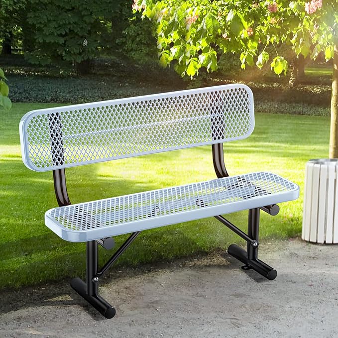 4 Feet Heavy Duty Park Bench with Back Portable Frame, Outdoor Steel Bench with Backrest, Expanded Metal Mesh Bench for Lawn, Park, Deck, Garden, Patio, Porch, Grey