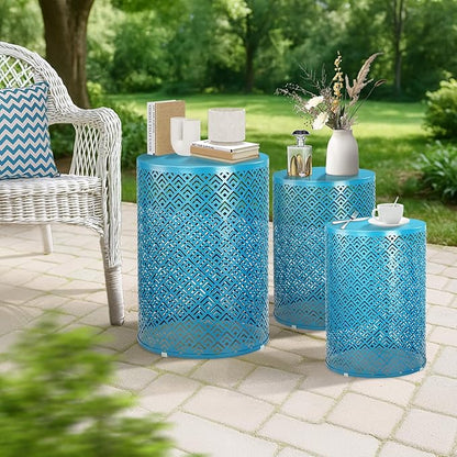 Outvita Outdoor Nesting Tables Set of 3, Heavy Duty Metal Frame Accent Modern End Table, Portable Side Table for Indoor, Outdoor, Living Room, Meander Pattern - Blue
