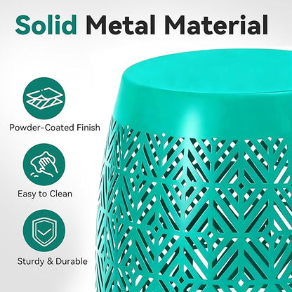 Large Side Table Outdoor,18" H LED Light Metal End Table with Geometric Cut-Out Design, Hollow Drum Coffee Accent Table Plant Stand with No Assembly & Weather-Resistant for Patio, Garden, Indoor