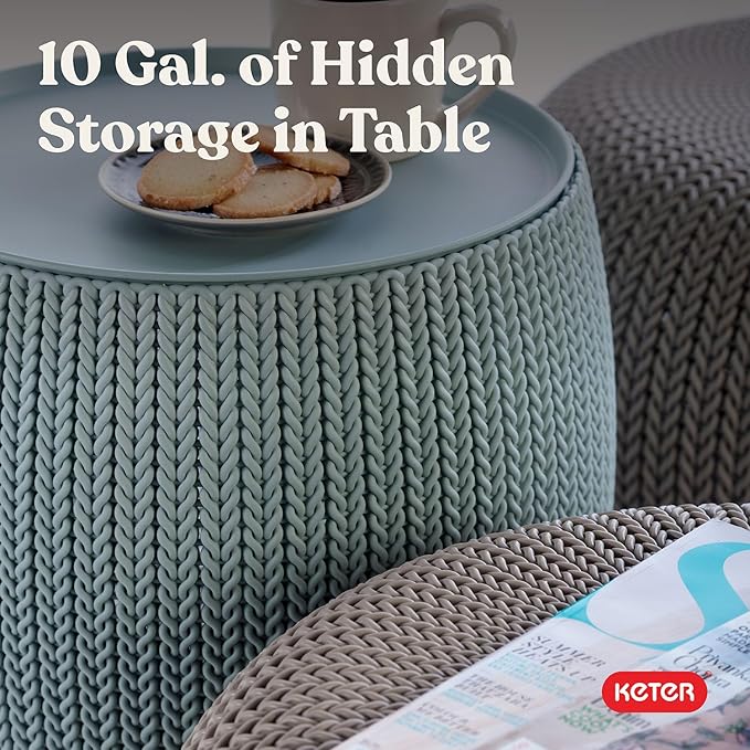 Keter Urban Knit Pouf Ottoman Set of 2 with Storage Table for Patio and Room Décor - Perfect for Balcony, Deck - Photo 6