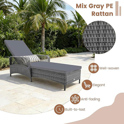 Tangkula Wicker Chaise Lounge Outdoor Set of 2, Patio Rattan Reclining Chaise with 6-Gear Adjustable Backrest, Thick Padded Cushion & Removable Lumbar Pillow, Pool Lounge Chairs (Grey)