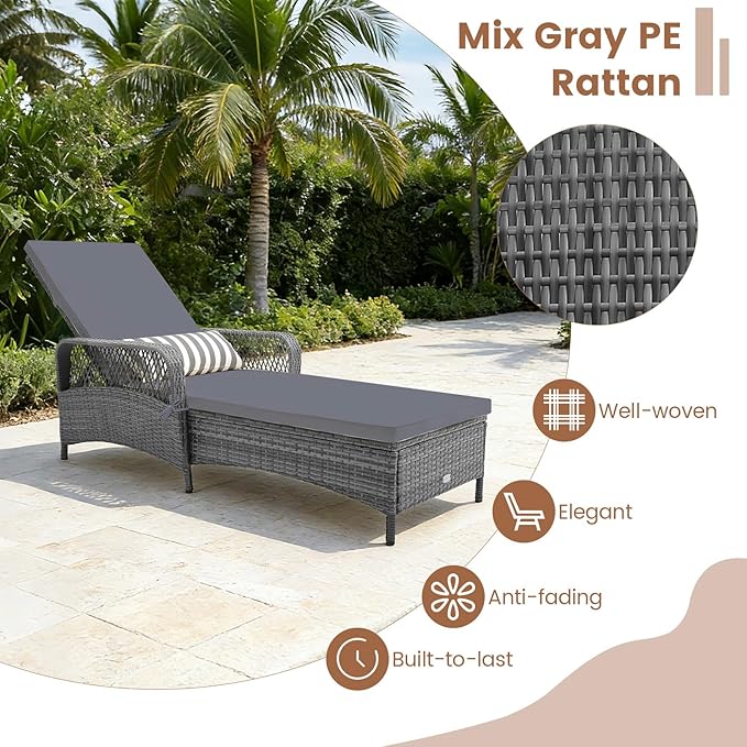 COSTWAY PE Rattan Chaise Lounge Chair, 6 Gear Adjustable Recliner with Armrest & Pillow, Wicker Outdoor Furniture for Deck, Patio (1, Dark Gray)