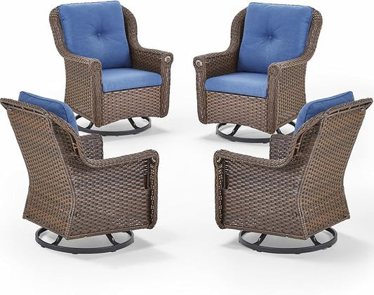 Patio Chairs Outdoor Swivel Glider - Set of 4 High Back Outside Brown Wicker Rattan Rocking Chair with Thick Cushion for Porch Apartment Deck Yard Poolside Garden - Navy Blue