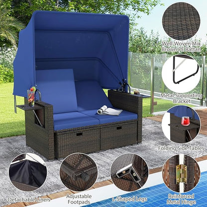 RELAX4LIFE Wicker Outdoor Daybed with Canopy - Rattan Loveseat Sofa Set w/Storage Ottomans, Adjustable Back, Retractable Trays, Sunbed Double Chaise Lounge for Backyard, 2-Seater Patio Daybed (Navy)