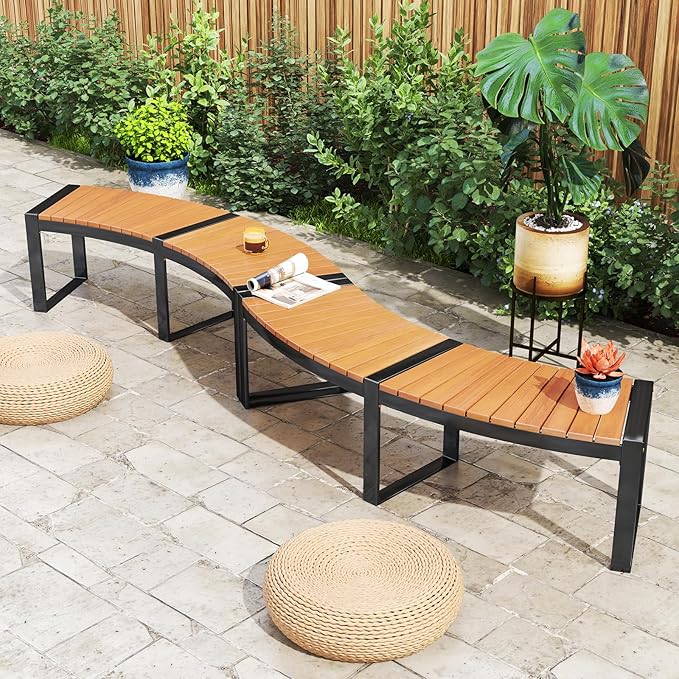 Moccha Outdoor Curved Bench, Acacia Wood Fire Pit Bench w/Slatted Seat, Metal Frame, Loveseat, Outside Chair, Patio Backless 2-Person Seating for Yard Deck Porch 800 LBS Max Load, Oil Painted (2)