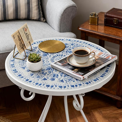 Outdoor Side Table & Mosaic Plant Stand, 14" Ceramic Tile Top Round End Table Accent Table, Indoor Outdoor Coffee Tea Table for Yard Porch Garden Patio Living Room Bedroom (Blue, 14 Inch)