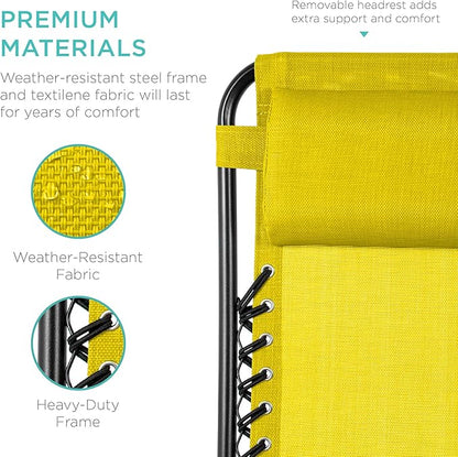 Best Choice Products Set of 2 Adjustable Steel Mesh Zero Gravity Lounge Chair Recliners w/Pillows and Cup Holder Trays - Sunflower Yellow