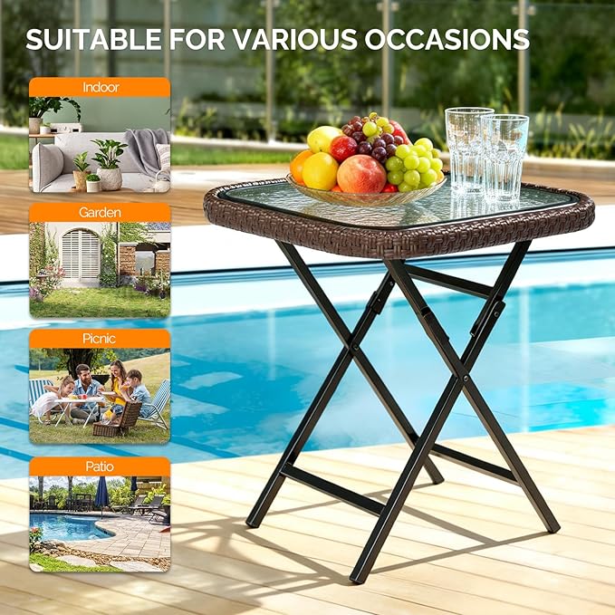 VINGLI 18in Modern Brown Rattan Folding Glass Outdoor Side Table, Small Patio Table with Tempered Glass Top,Rectangular,1 Pack