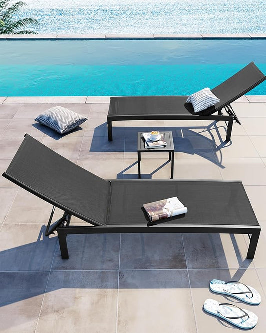 Crestlive Products 2PCS Chaise Lounge Chairs Outdoor with 1PC Side Table, Aluminum Patio Lounge Set, Adjustable Five-Position Recliner for Beach, Pool, Sunbathing, Lawn, Yard