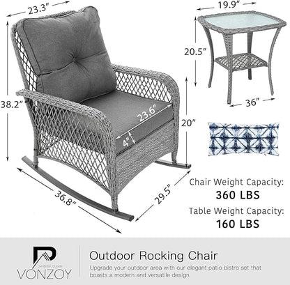 Patio Furniture Set 3 Pieces, Wicker Outdoor Rocking Bistro Set with Thick Cushions, Outdoor Rocker Chairs and Coffee Table for Porch, Backyard or Garden (Grey)