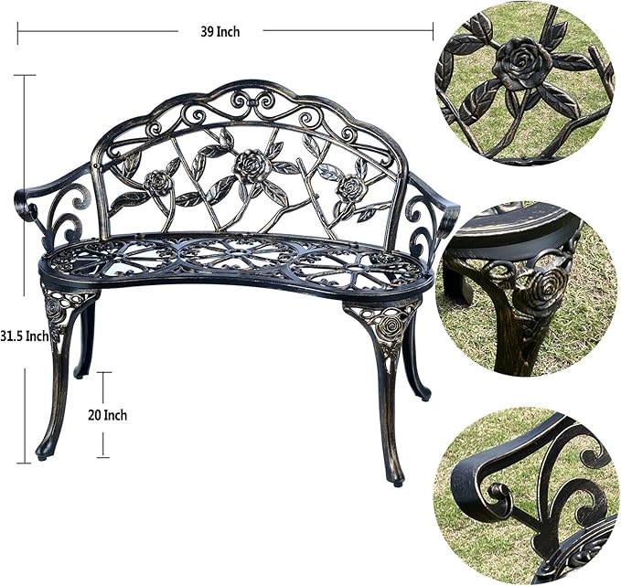 Outdoor Bench Park Garden Bench,All Chair Anti Rust Cast Aluminum Patio Yard Bench,Carved Rose Loveseat Bench for Backyard .Porch.Balcony.Lawn (Black)