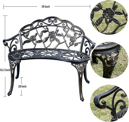 Outdoor Bench Park Garden Bench,All Chair Anti Rust Cast Aluminum Patio Yard Bench,Carved Rose Loveseat Bench for Backyard .Porch.Balcony.Lawn (Black)