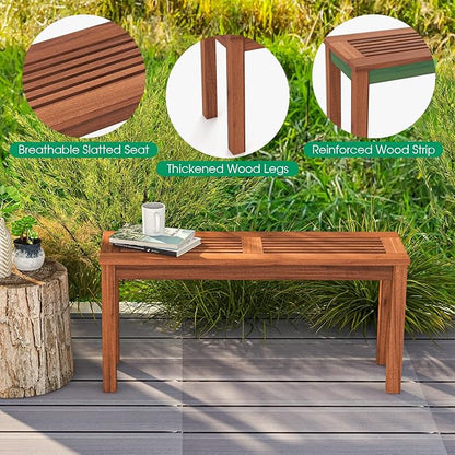 Tangkula Patio Wood Bench, 2-Person Solid Wood Bench with Slatted Seat, 39.5" Long Loveseat with Stable Wood Frame, Indoor Outdoor Dining Bench for Backyard, Poolside, Entryway (1)