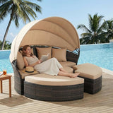 Outdoor Patio Daybed with Retractable Canopy, Wicker Rattan Sectional Round Sofa Furniture Set - Photo 6