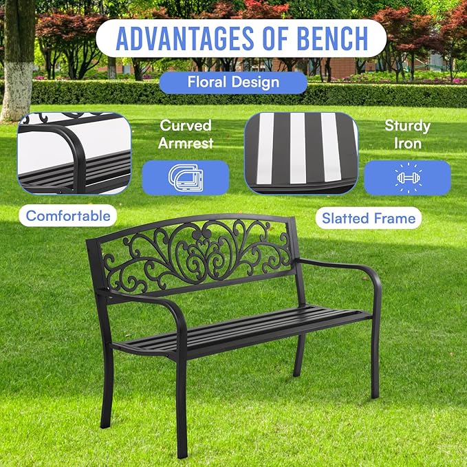50 Inches Outdoor Garden Bench Cast Iron Metal Frame Patio Park Bench with Floral Pattern Backrest Patio Furniture Chair Outdoor Bench Lawn Yard,Black
