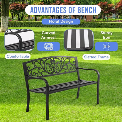 50 Inches Outdoor Garden Bench Cast Iron Metal Frame Patio Park Bench with Floral Pattern Backrest Patio Furniture Chair Outdoor Bench Lawn Yard,Black