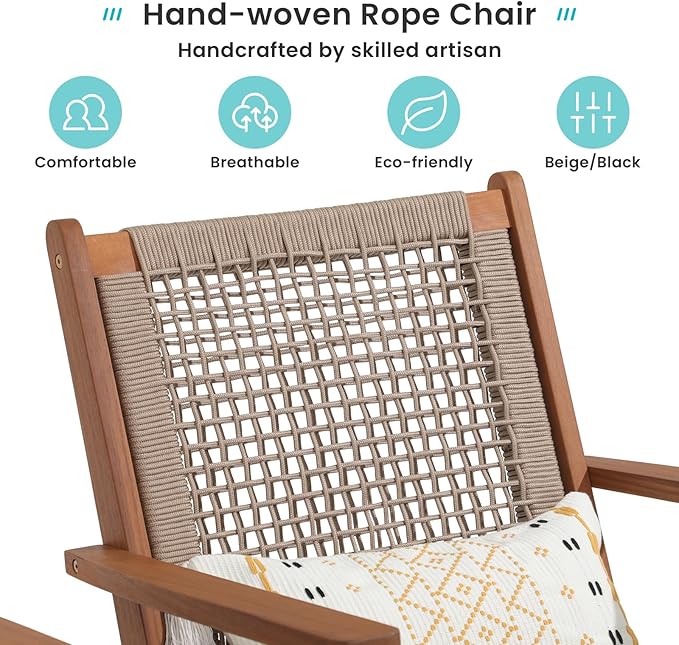 Verano Garden Set of 2 Patio Lounge Chair, Modern Acacia Wood Accent Armchair with Handwoven Rope for Patio, Living Room - Photo 3