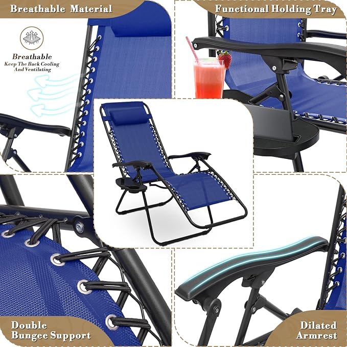 Athena Collection Zero Gravity Outdoor Lounge Chair Set of 2 with Side Table, 29" Width Pool Lounge Lawn Chairs Reclining with Cup Holder, Outdoor Chaise for Beach Patio Backyard Outside, Blue
