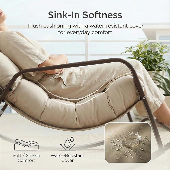 NICESOUL Papasan Rocking Chair with Footrest, Outdoor Rocking Chair with Cushion, Oversized Patio Rocker, Recliner-Style Comfort, Heavy Duty Steel Frame, Indoor Balcony Backyard, Beige