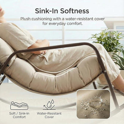 NICESOUL Papasan Rocking Chair with Footrest, Outdoor Rocking Chair with Cushion, Oversized Patio Rocker, Recliner-Style Comfort, Heavy Duty Steel Frame, Indoor Balcony Backyard, Beige
