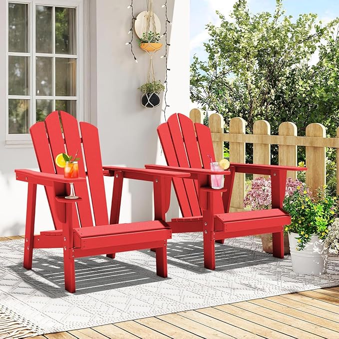 PROHIKER Adirondack Chair Set of 2, HDPE Outdoor Patio Chair with Cup Holder All Weather Outdoor Chairs for Lawn Garden Porch Backyard, Plastic, Red
