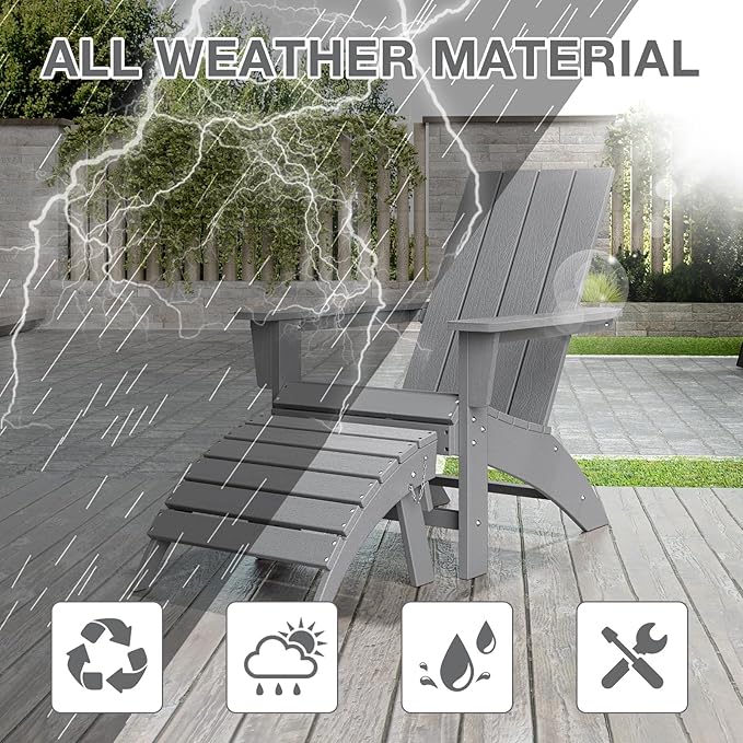 Adirondack Chair with Ottoman Weather Resistant Fire Pit Chairs with Footrest HDPE Outdoor Adirondack Chair for Patio Front Porch Pool Garden Deck Fire Pit Outside, Light Grey