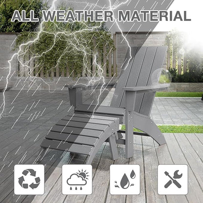 Adirondack Chair with Ottoman Weather Resistant Fire Pit Chairs with Footrest HDPE Outdoor Adirondack Chair for Patio Front Porch Pool Garden Deck Fire Pit Outside, Light Grey