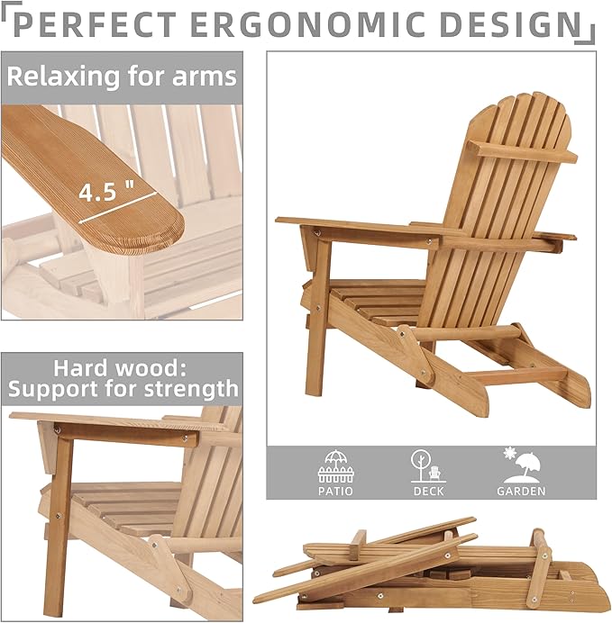 SoliWood Outdoor Wooden Folding Adirondack Chair Set of 4 with Pre-Assembled BackRest, Wood Patio Chair for Garden Backyard Porch Pool Deck Firepit