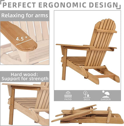 Outdoor Wooden Folding Adirondack Chair Set of 2 with Pre-Assembled BackRest, Wood Patio Chair for Garden Backyard Porch Pool Deck Firepit