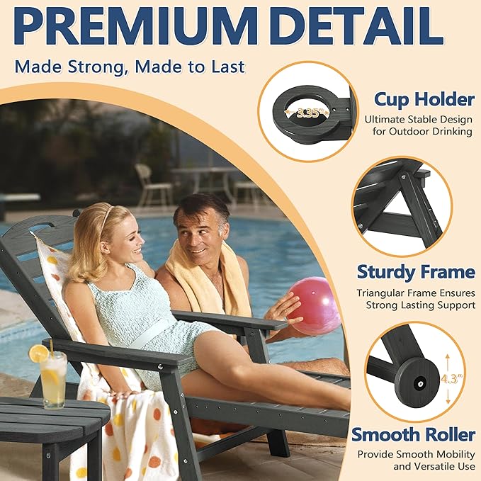 Patio Chaise Lounge Chair, HDPE Outdoor Lounge Chairs with 5-Position Adjustable Backrest, Cup Holder and Wheels, 450lbs Capacity for Poolside Deck Backyard, All Weather Material(Gray)