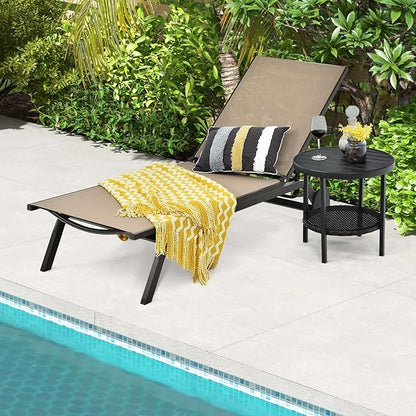 COSTWAY Outdoor Patio Chaise Lounge, 6-Position Adjustable Pool Lounger with Stable Aluminum Frame, Portable Sun Bathing Lounge Chair on Wheels for Backyard Garden, Brown