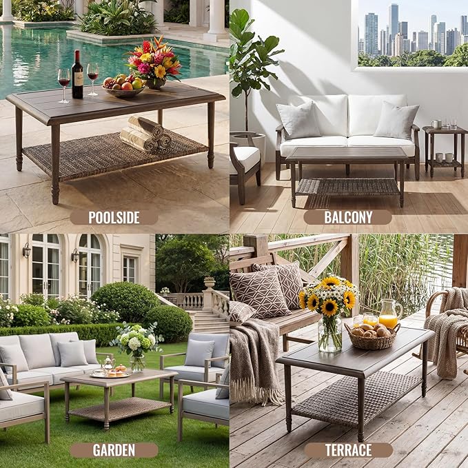 Outdoor Coffee Table Rectangular, Metal&Wicker Patio Table for Outside, Outdoor PE Wicker Coffee Table, All-Weather Coffee Side Table with Storage, Patio Furniture for Patio Balcony Porch (Brown)