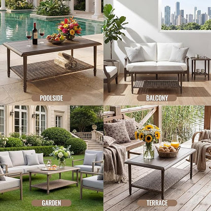 Outdoor Coffee Table Rectangular, Metal&Wicker Patio Table for Outside, Outdoor PE Wicker Coffee Table, All-Weather Coffee Side Table with Storage, Patio Furniture for Patio Balcony Porch (Brown)