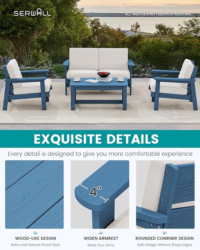 SERWALL 4 Piece HDPE Outdoor Furniture Set, All Weather Wood-Like Outdoor Sofa Sectional Couch - Photo 4