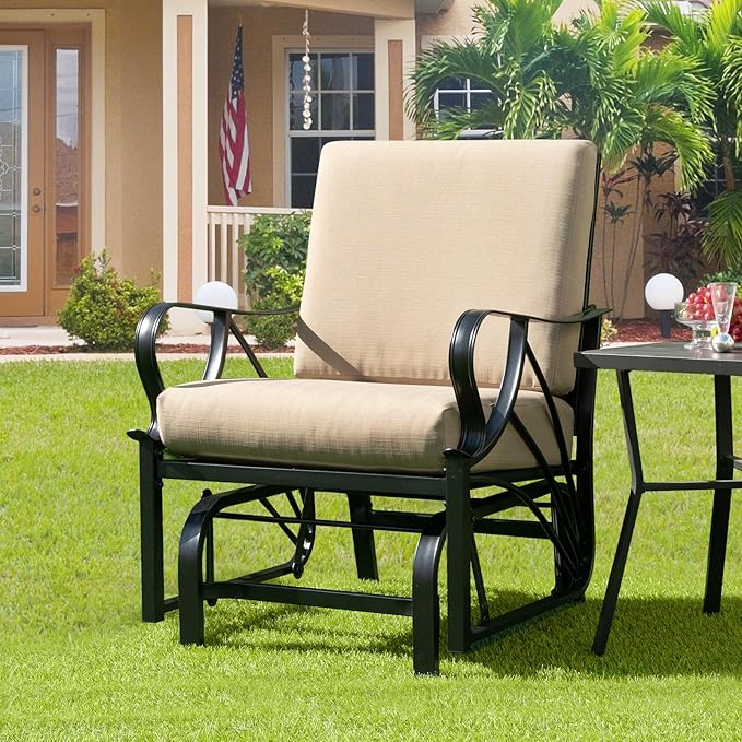 Giantex 2-Pack Outdoor Glider, Patio Rocking Chair with Thick Cushion, Sturdy Metal Frame, Curved Armrest, Ergonomic Design, Single-Person Glider Chair for Garden, Yard, Porch Rocker, Beige