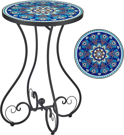 VONLUCE Outdoor Side Table and Mosaic Plant Stand, 21" Round End Table with 14" Ceramic Tile Top for Patio Porch Decor, Indoor & Outdoor Accent Table, Small Coffee Table for Home and Garden, Peacock