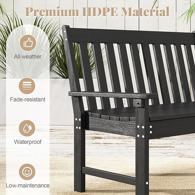 RELAX4LIFE 2-Person Patio Outdoor Bench - 52’’ All-Weather HDPE Garden Bench with Armrests & Slatted Backrest, Patio Bench for Front Porch Park Poolside Backyard, 705 LBS Weight Capacity (Black)