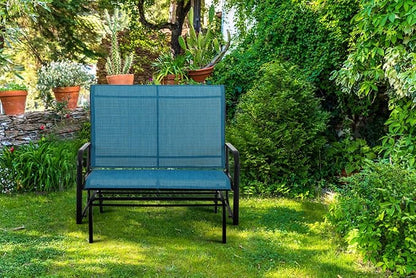 PHI VILLA Outdoor Glider Rocking Bench Chair Clearance for 2 Person, Patio Loveseat Gliders with 42" High Back for Outside Lawn Garden Deck, Blue
