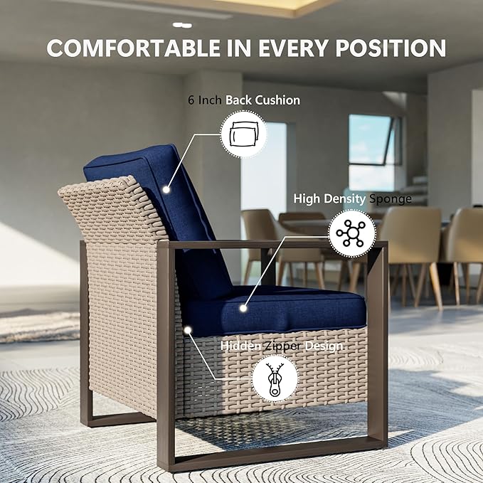Patio Chairs Set of 2, Outdoor Wicker Chair Metal Patio Furniture with Deep Seating, Thicken Cushions for Deck, Porch, Yard Use (Blue, 2 PCS/Chairs)