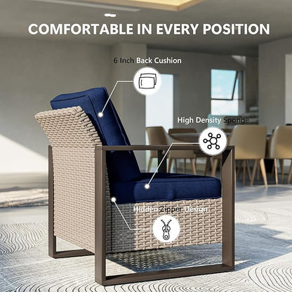 Outdoor Patio Furniture Set, 7 Piece Wicker Patio Conversation with Deep Seating, Thicken Cushions, Outdoor Club Chair, Metal Outdoor Furniture for Deck, Porch, Yard Use (Blue, 7 PCS/Chairs)