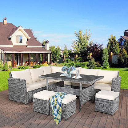COSTWAY 7 PCS Wicker Outdoor Conversation Set, Patio Sectional Furniture Sofa Set with Table & Seat Cushions, Rattan Furniture Sets for Backyard Garden Poolside Porch, White