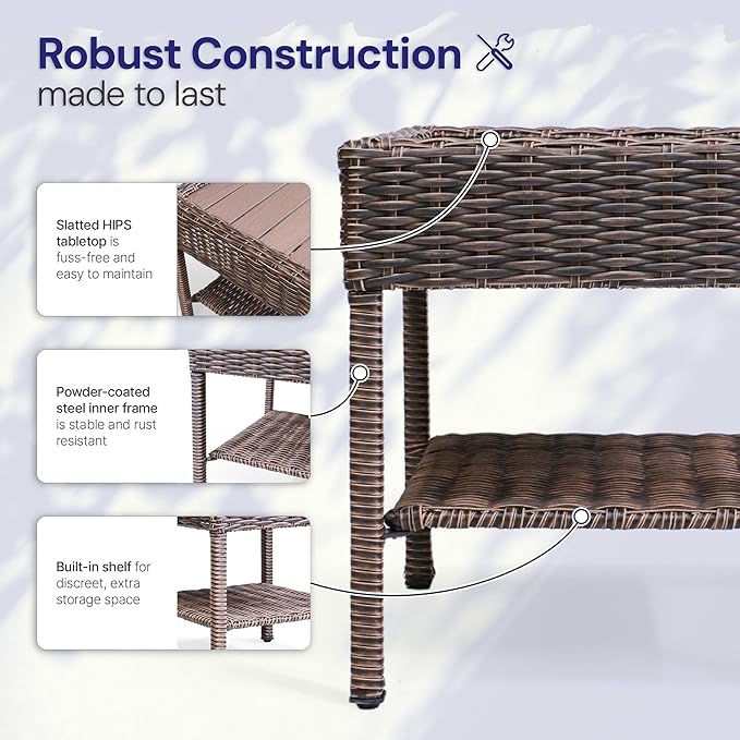 Cambridge Outdoor Wicker Side Table, 2-Tier All-Weather HDPE Rattan Patio End Table with HIPS Tabletop and Storage Shelf, Brown
