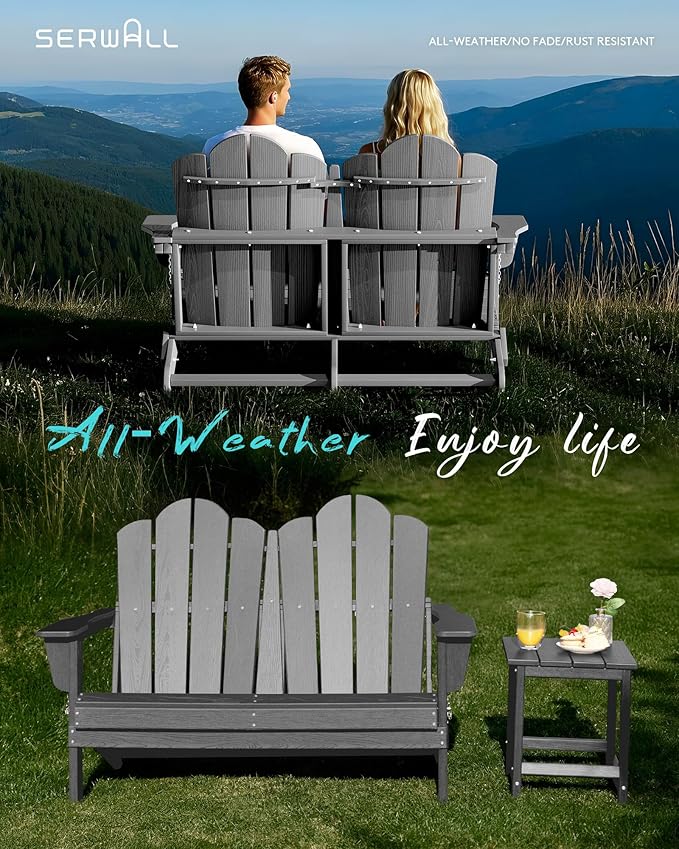 SERWALL Outdoor Patio Adirondack Set, 2 Folding Adirondack Bench & 1 Coffee Table with Umbrella Hole - Photo 7