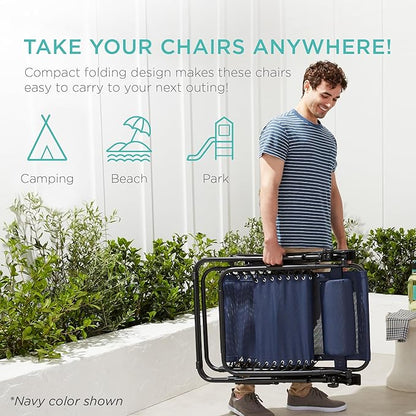 Best Choice Products Set of 2 Adjustable Steel Mesh Zero Gravity Lounge Chair Recliners w/Pillows and Cup Holder Trays - Black Striped